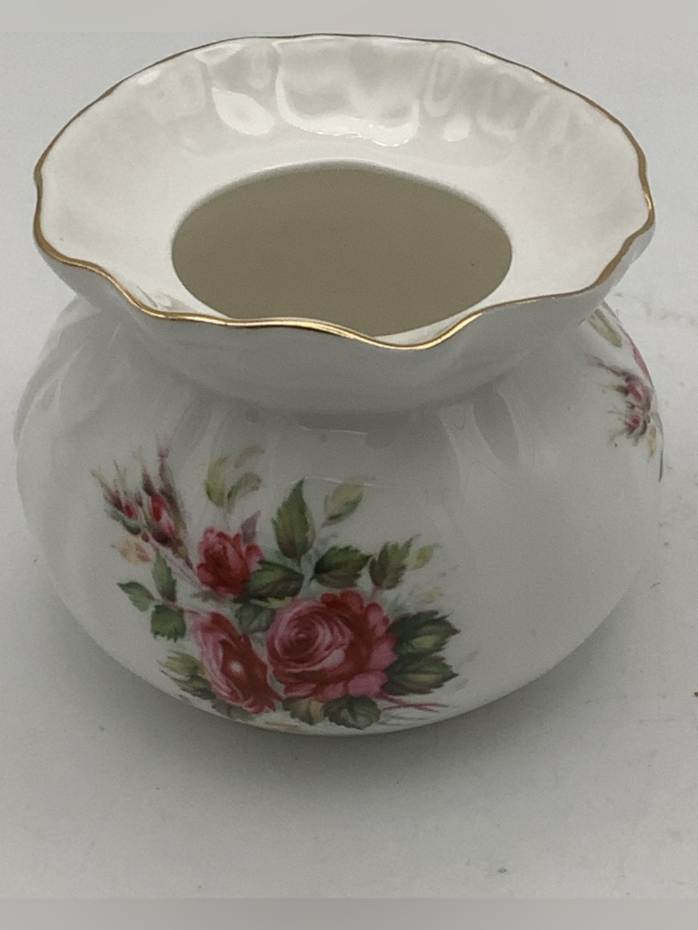Golden Crown English Bone China Vase with Pink Rose Design